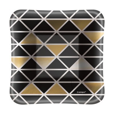 Prato quadrado com padrão geométrico triângulos pretos, dourados e cinzentos
