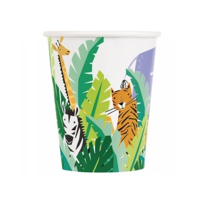 Copo de papel com desenhos de animais e folhas coloridas