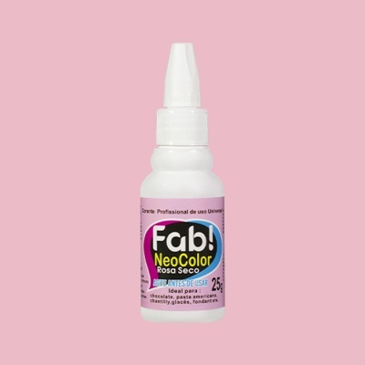Frasco de corante alimentar Fab! NeoColor Rosa Seco 25g com rótulo rosa em fundo rosa