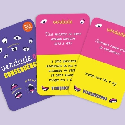 Cartas do jogo Verdade ou Consequência em roxo, rosa e amarelo com texto e ilustrações de olhos e bocas