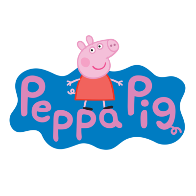 Logótipo com personagem Peppa Pig e texto em letras cor-de-rosa sobre fundo azul