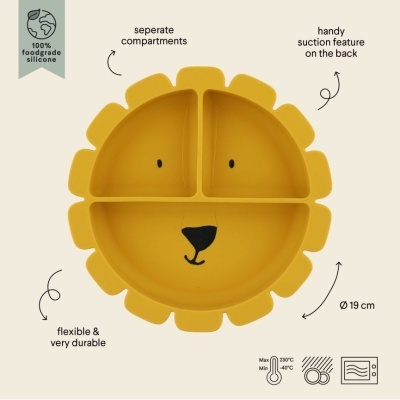 Prato infantil de silicone amarelo com compartimentos e ventosa formato leão