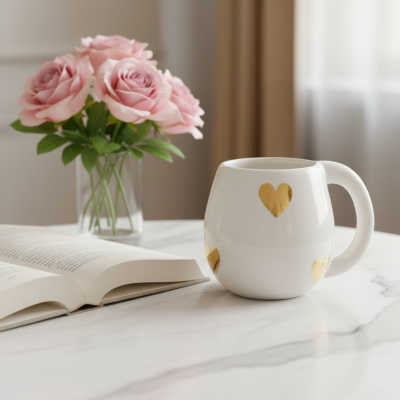 Caneca branca com corações dourados numa mesa com livro aberto e vaso de flores cor-de-rosa