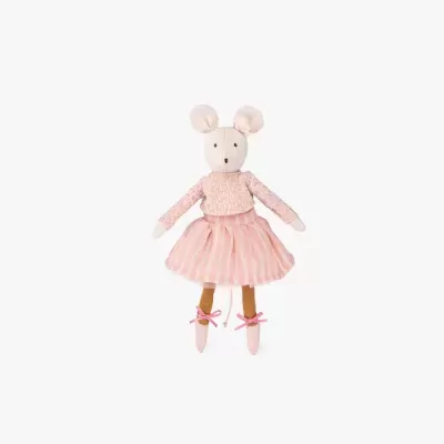 Boneca ratinho em tecido rosa com vestido às riscas e sapatilhas
