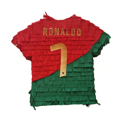 Piñata em forma de camisola de futebol vermelha e verde com o nome Ronaldo e número 7 dourados