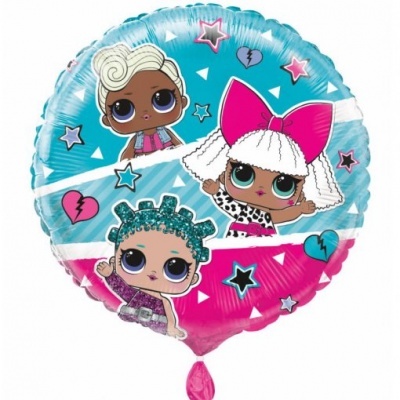 Balão redondo azul e rosa com ilustrações de bonecas LOL Surprise