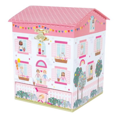 Caixa decorativa em forma de casa com desenhos coloridos e fecho dourado