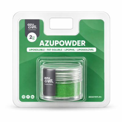 Embalagem de pó verde AZUPOWDER da AZUCREN com rótulo e texto informativo