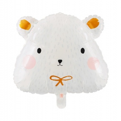Balão em forma de cabeça de urso polar branco com bochechas rosas e laço laranja.