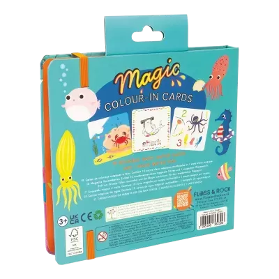 Embalaem azul com cartões reutilizáveis para colorir com água, com desenhos marinhos coloridos e elástico laranja.