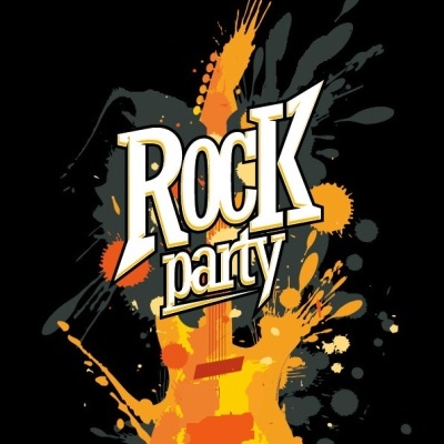 Design gráfico de guitarra elétrica laranja com texto 'ROCK party' em fundo preto
