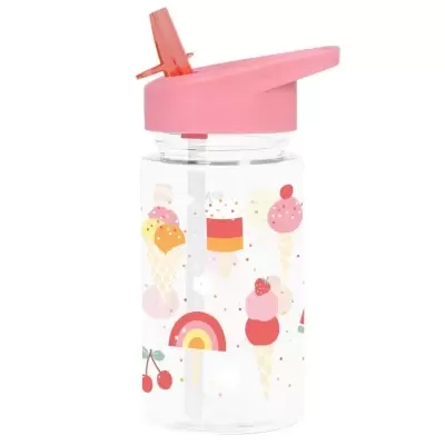 Garrafa plástica transparente com tampa rosa e desenhos de gelados coloridos