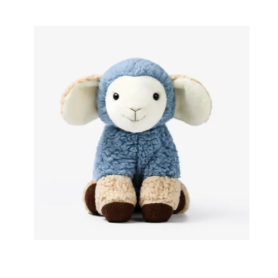 Pelúcia de ovelha azul e branca com detalhes em creme e castanho