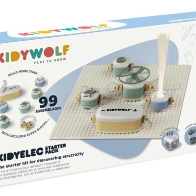 Embalagem do kit educativo Kidywolf KIDYELEC Starter Pack para crianças com blocos electrónicos coloridos e personagem lobo desenhado.