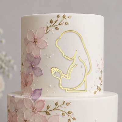 Bolo decorado com flores cor-de-rosa, lilás e desenho dourado de mulher a orar