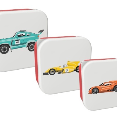 Conjunto de três caixas de metal com ilustrações de carros de corrida vintage 