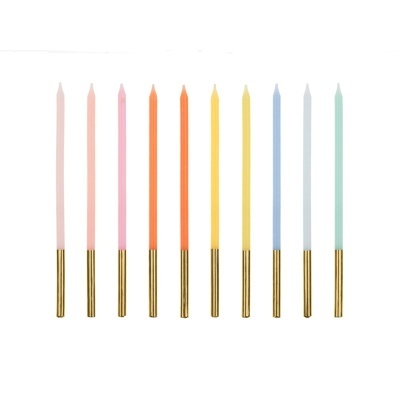 Conjunto de 10 velas coloridas finas com base dourada