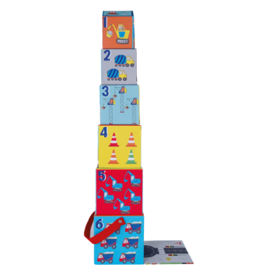 Conjunto de caixas empilháveis coloridas com números e imagens de construção.