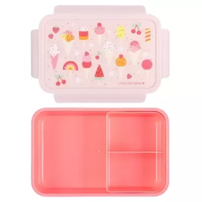 Recipiente rosa com tampa ilustrada de gelados e frutas, com três compartimentos internos.