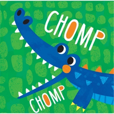 Ilustração de crocodilo azul com texto CHOMP CHOMP