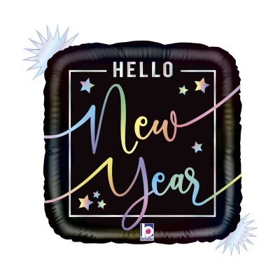 Balão quadrado de fóli preto com texto colorido 'HELLO New Year' e estrelas coloridas