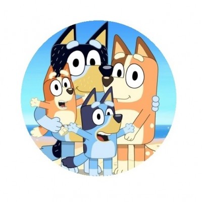 Imagem circular com personagens da série animada Bluey em fundo de praia