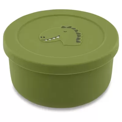 Recipiente redondo verde com tampa e cabeça de dinossauro em relevo.