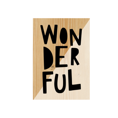 Placa decorativa de madeira com texto WONDERFUL em preto