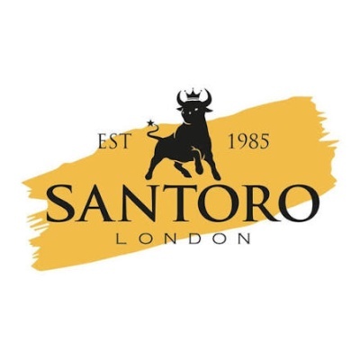 Logótipo Santoro London com touro preto e texto sobre fundo branco