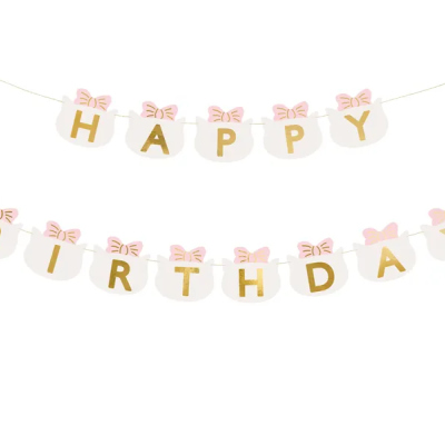 Decoração de festa HAPPY BIRTHDAY com letras douradas e laços cor-de-rosa