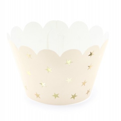Papel decorativo para cupcake branco com estrelas douradas e borda em forma de nuvem