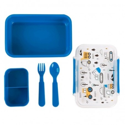 Conjunto de lancheira infantil azul com tampa branca decorada com veículos.