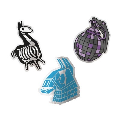 Três autocolantes coloridos com desenhos de lhama e granada.