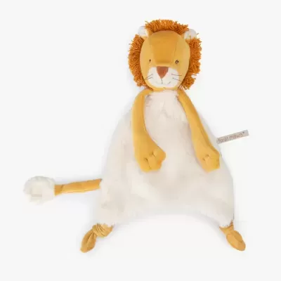 Peluche de leão com corpo branco e cabeça amarela em fundo branco