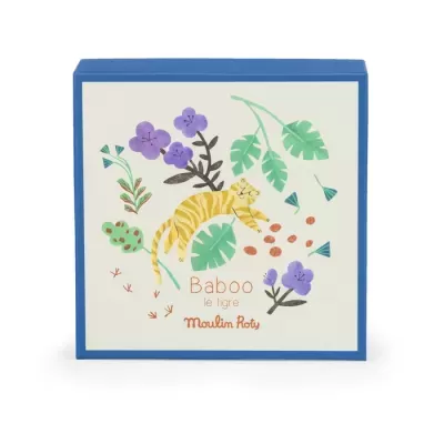 Caixa de papel azul com tampa branca decorada com tigre e flores
