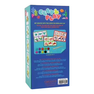 Embala azul de kit de modelagem Clay & Play com massa colorida e cartas de instruções.