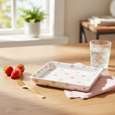 Prato quadrado branco com círculos rosa, garfo dourado, morangos e copo de água sobre mesa de madeira