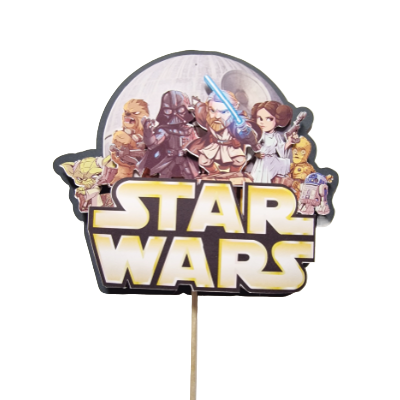 Decoração de bolo Star Wars com personagens em estilo cartoon e texto