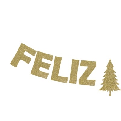 Banner decorativo dourado com a palavra FELIZ e uma árvore de Natal