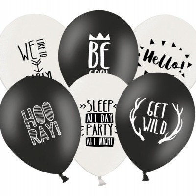 Conjunto de balões pretos e brancos com textos divertidos impressos.