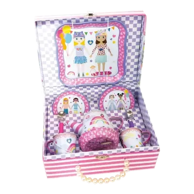 Conjunto de chá infantil metálico com mala rosa às riscas, padrão xadrez lilás e desenhos de bonecas