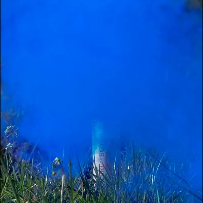 Lata metálica branca com texto SMOKE BOX rodeada de fumo azul na relva