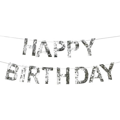 Bandeirola decorativa prateada HAPPY BIRTHDAY