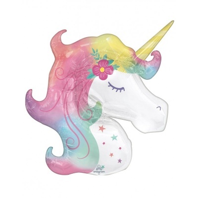 Balão metálico em forma de cabeça de unicórnio colorido