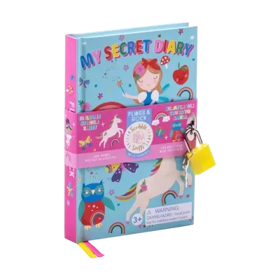 Diário secreto infantil azul com cadeado amarelo e ilustrações coloridas.