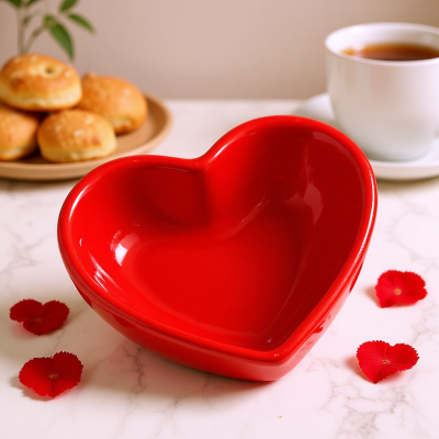 Taça vermelha em forma de coração sobre mesa branca com pétalas vermelhas, pães e chá