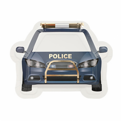 Balão em formato de carro de polícia azul e branco com texto POLICE