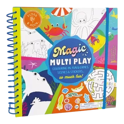 Caderno de atividade infantil com capa colorida e ilustrações de animais marinhos.