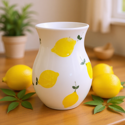 Jarro branco com padrão de limões amarelos em mesa de madeira com limões frescos e folhas verdes.