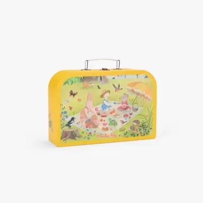 Mala amarela infantil com ilustração de piquenique e animais
